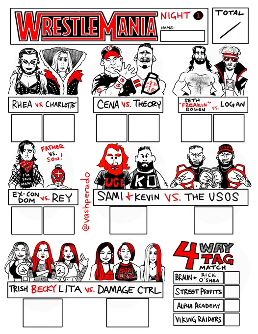 Happy Wrestlemania to all who celebrate! i made a match card for Night 1 to fill out your predictions ~ (feel free to print) 