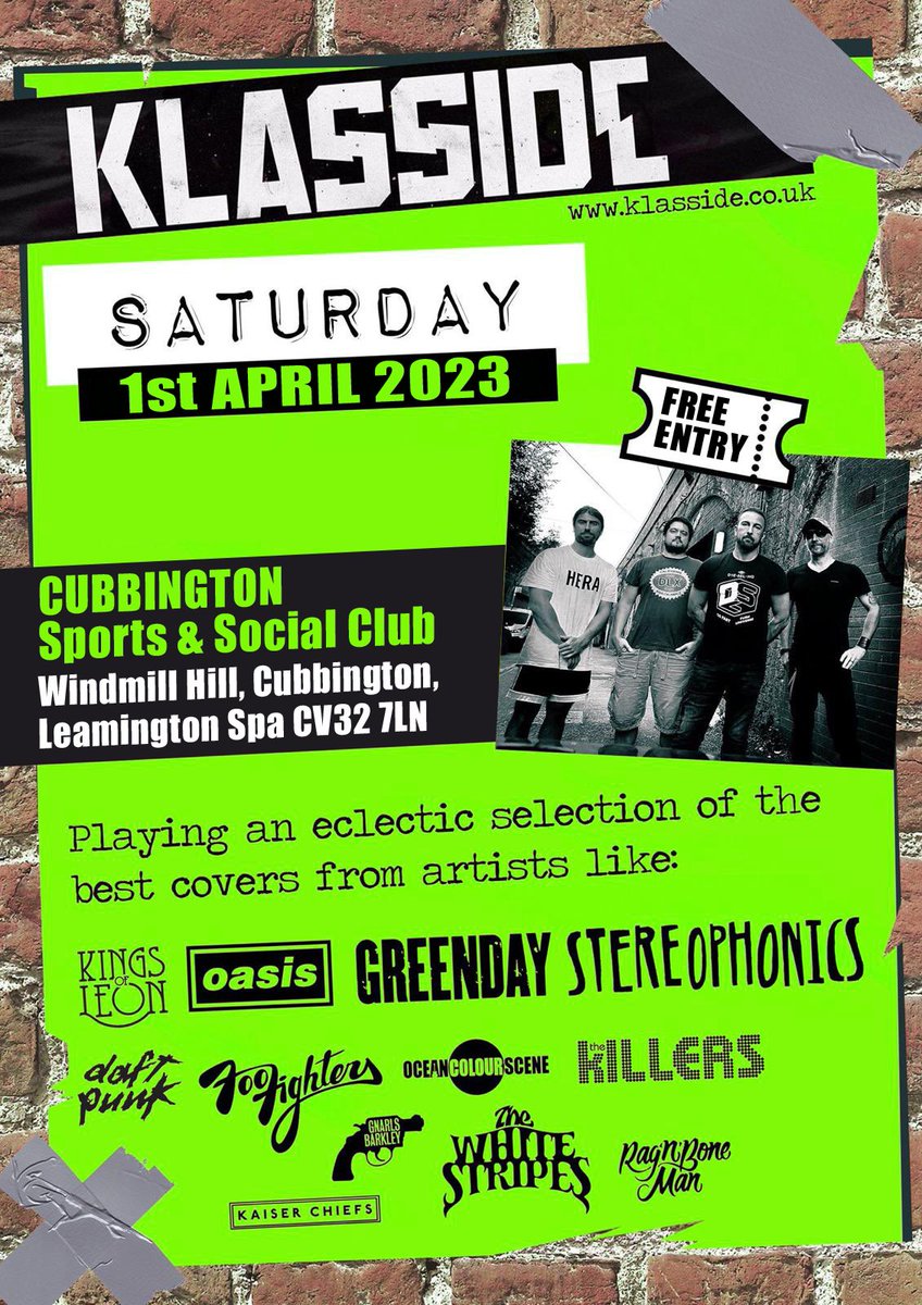 <a href="/KLASSIDE/">KLASSIDE</a> are live tonight <a href="/LoveLeamington/">Royal Leamington Spa</a> playing in Cubbington! Free entry and open to all! Music starts at 9.30pm. Hope to see you there, cheers Khy, Tom, Chris and G 😁🎸👍