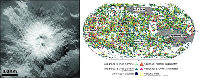A new paper in JGR Planets provides the most comprehensive map of all volcanic edifices on Venus ever compiled. (Map created by Rebecca Hahn, Washington University in St. Louis)