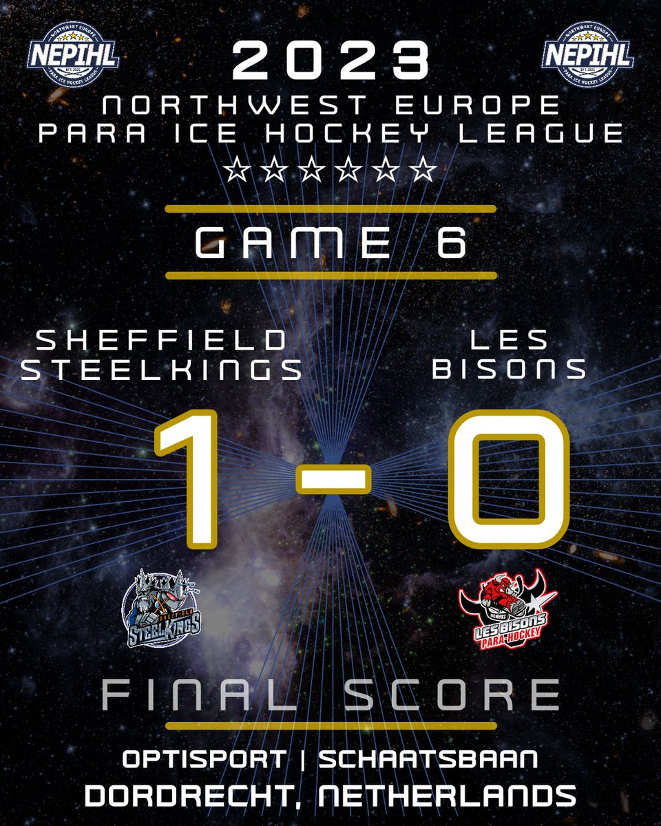 🚨 GAME 6 FINAL SCORE 🚨

Sheffield Steelkings - 1
Les Bisons - 0

#NEPIHL #ParaIceHockey