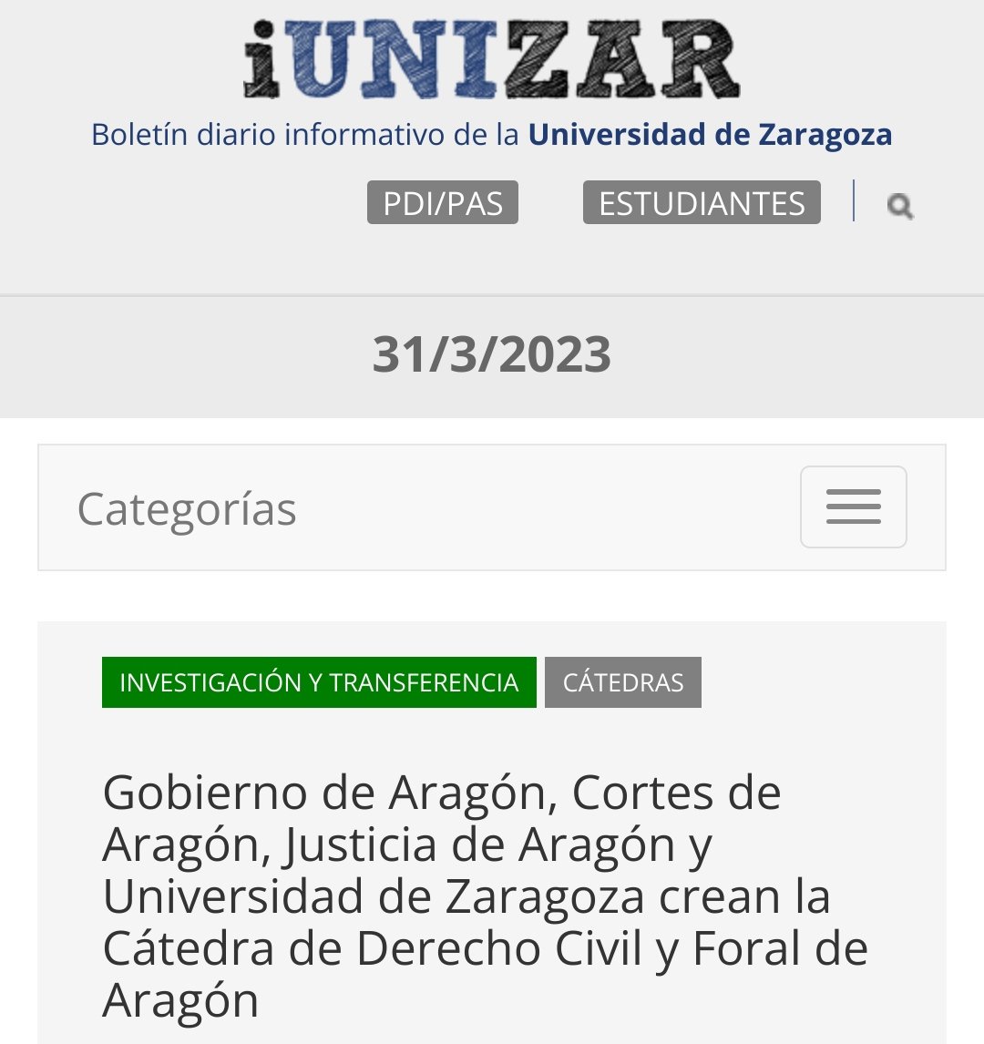 TChunidos's tweet image. Cátedra de #Derecho Civil y #Foral de #Aragón "Sus objetivos son todos los relacionados con la investigación del Derecho Civil y Foral de Aragón, el apoyo e incentivación de proyectos de investigación, tesis doctorales, trabajos fin de máster..."
unizar.es/actualidad/ver…