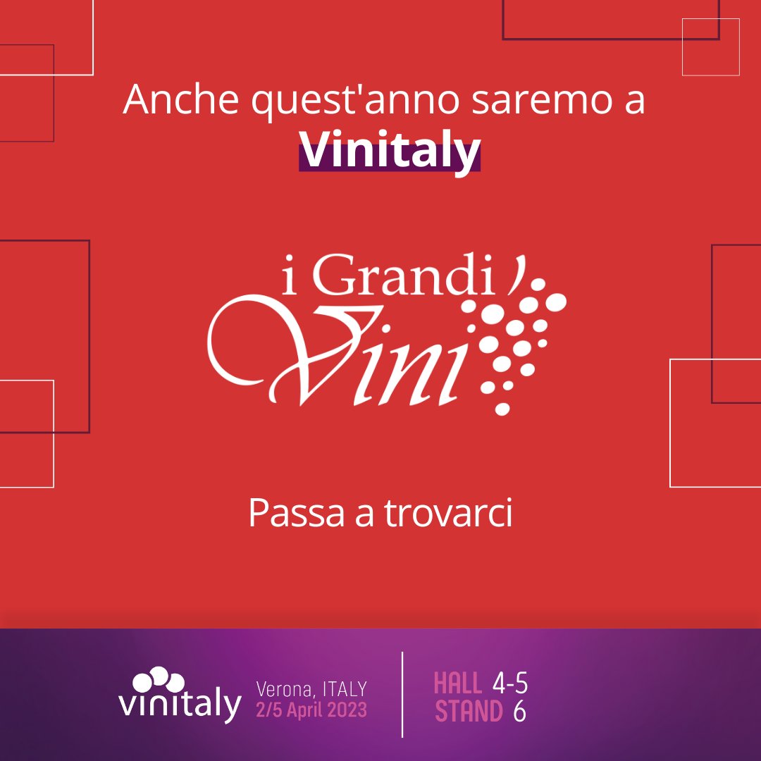 IGrandiVini's tweet photo. #Vinitaly2023: ci siamo!

La 55a edizione del Salone internazionale dei vini e distillati torna di scena dal 2 al 5 aprile.

Anche quest'anno saremo presenti alla più grande manifestazione dedicata al mondo del #vino. 🍷

Passa a trovarci 👉 HALL 4-5 STAND 6.

@VinitalyTasting https://t.co/i8S3xxHw7d
