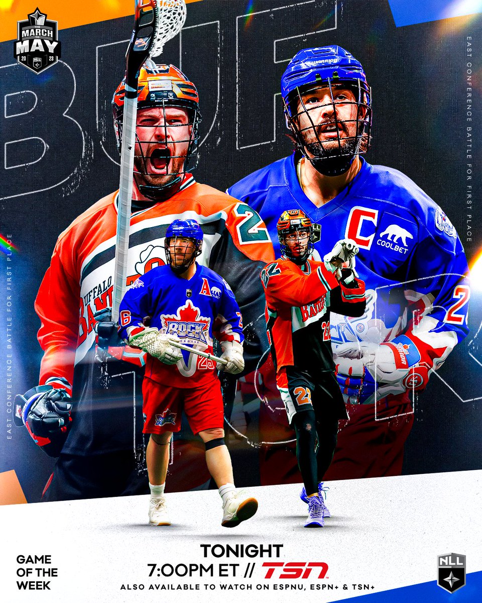 NLL's tweet photo. GET FIRED UP! Tonight, it's going down in Hamilton between the top two teams in the East in our Game of the Week.

🥍 @NLLBandits vs @TorontoRockLax 
🕖 7 p.m. ET
📺 @TSN_Sports and @ESPNU 

#TheMarchToMay https://t.co/lOCieKsoPl