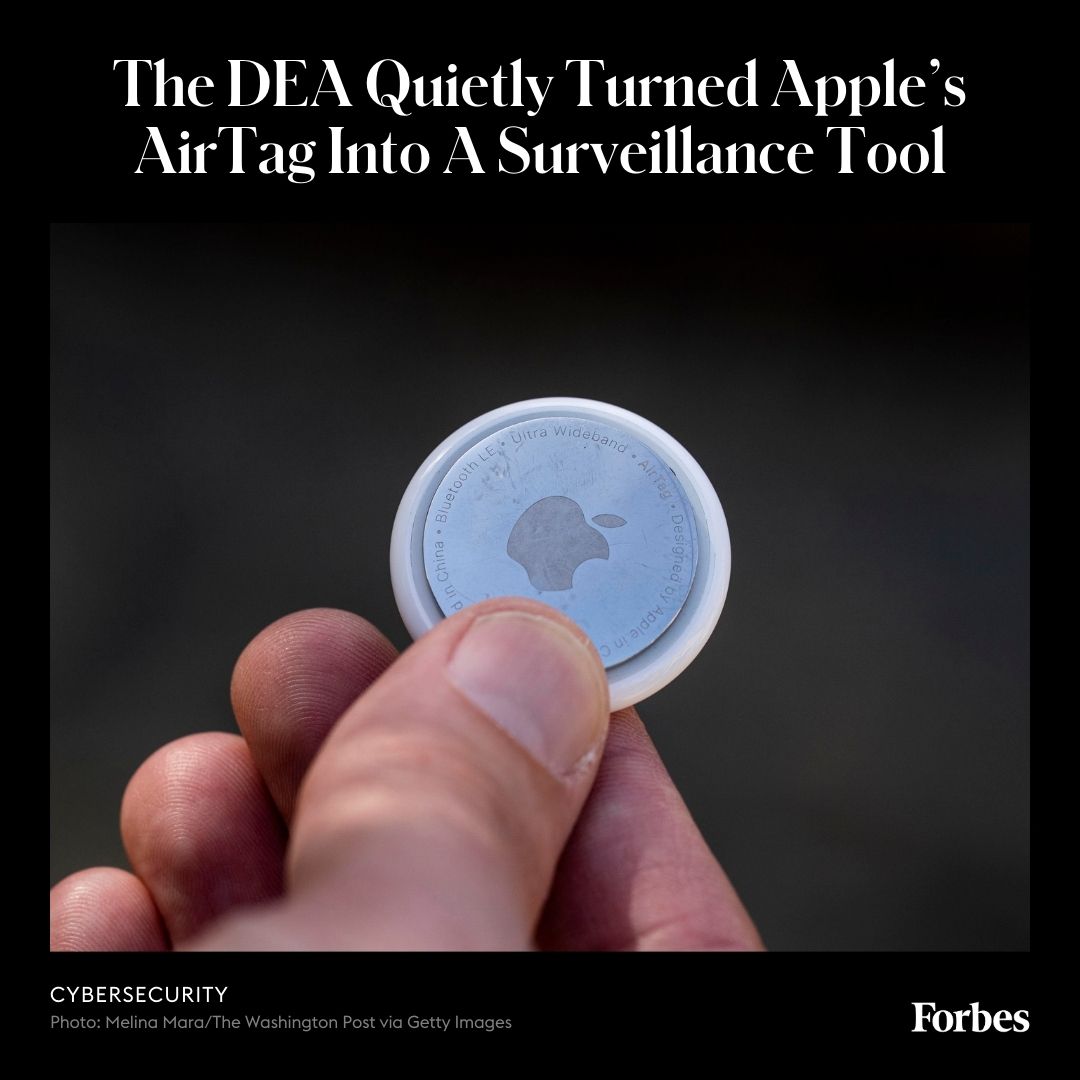 Forbes's tweet photo. Why did the DEA use an AirTag over any other kind of GPS tracker? https://t.co/5GjN5bffAB https://t.co/b5wgFfoCID