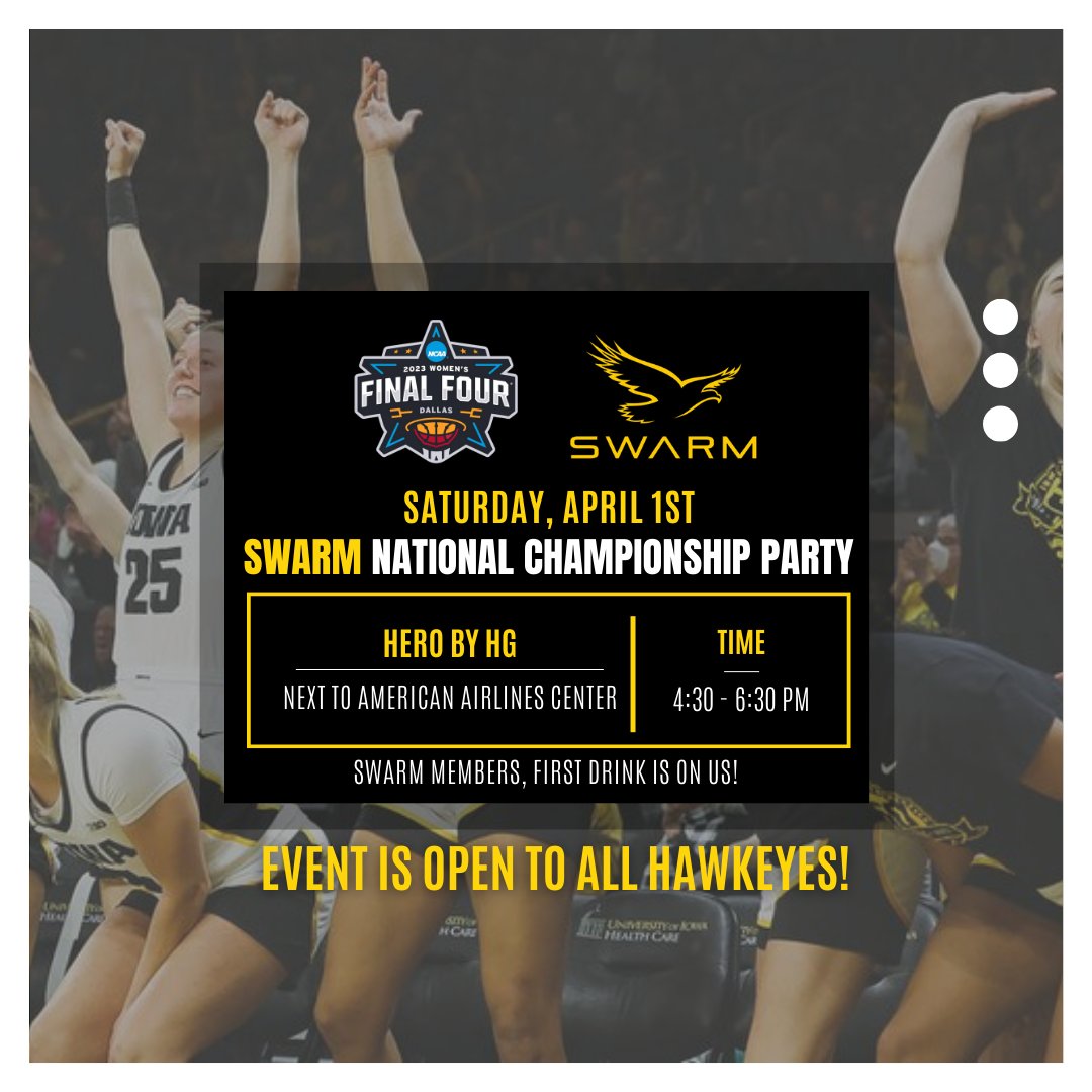 IowaSwarm's tweet photo. Come celebrate @iowawbb's Final Four 𝙒𝙄𝙉 and get excited for tomorrow's 𝙉𝘼𝙏𝙄𝙊𝙉𝘼𝙇 𝘾𝙃𝘼𝙈𝙋𝙄𝙊𝙉𝙎𝙃𝙄𝙋!

Event is free and open to 𝘼𝙇𝙇 Hawkeyes. Swarm members, first drink is on us.

📍 HERO
🕒 4:30-6:30 PM https://t.co/I6j9ZmdgDE