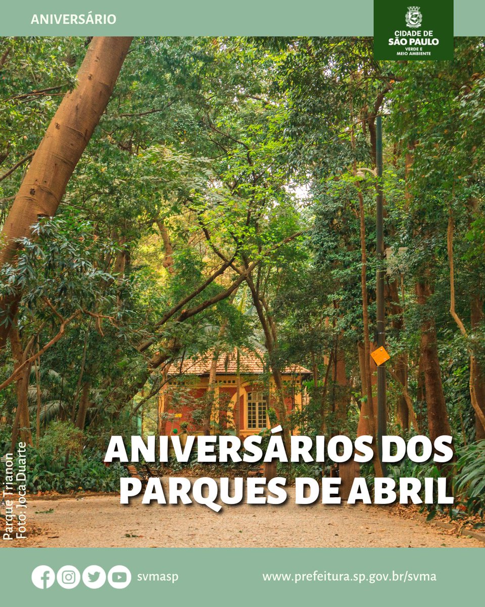 svmasp's tweet photo. Abril é um mês especial para sete parques municipais!
Estamos celebrando o aniversário de diversos espaços verdes. Vamos juntos comemorar e reconhecer a importância desses locais para a qualidade de vida na nossa cidade.
#svma #parquessp #meioambiente #natureza https://t.co/xrDjykL8Cv