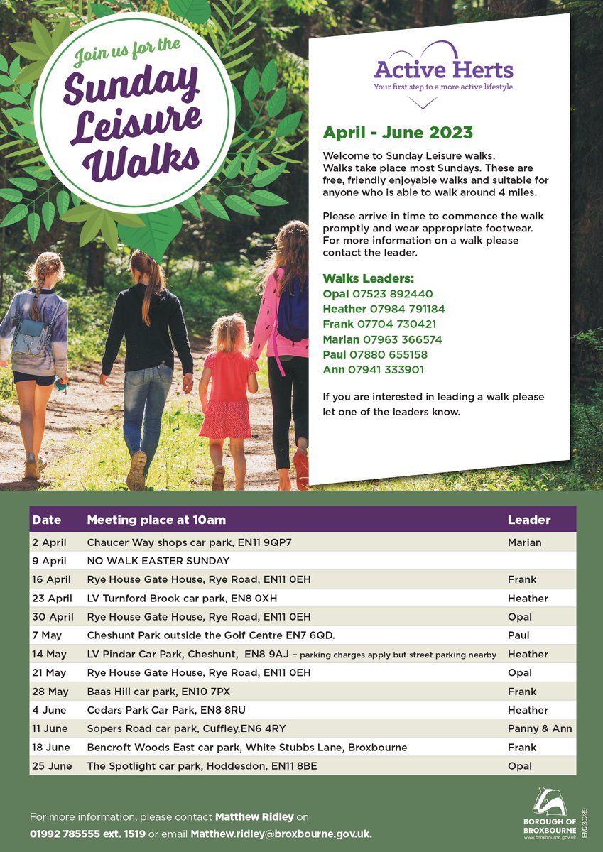 BroxbourneBC's tweet image. Sunday Leisure Walks: April to June 2023 Schedule 🚶🚶‍♀️

Our first walk for the April to June period is tomorrow, meeting at Chaucer Way shops car park in Hoddesdon. Come along!

Please see the attached flyer for the full information.