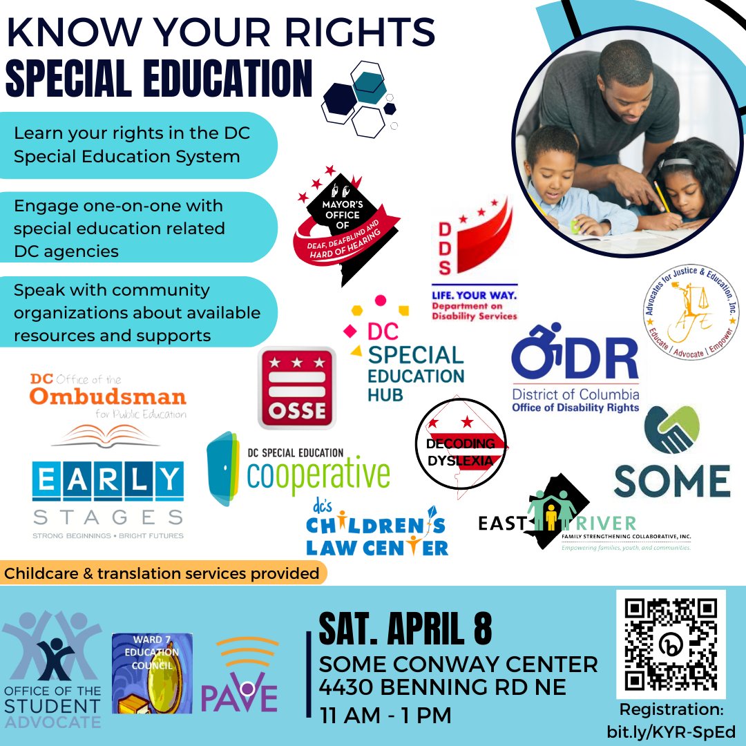 Want to learn more about your rights in the DC Special Education system? Join us on April 8th, along with other DC community partners (@DC_Advocate, @dcpave, @Ward7EdCouncil, @SOME_DC), to learn more about available resources and support! Register here: ow.ly/Y4JU50NxFvJ