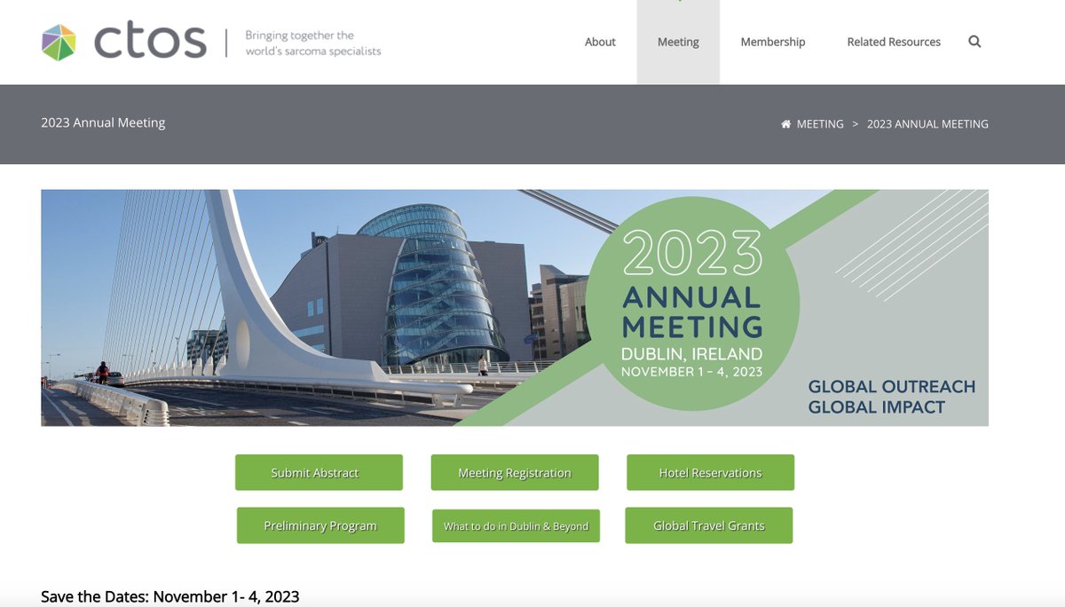 📢📢📢 #EarlyRegistration for <a href="/ctosociety/">CTOS</a> #CTOS2023 is now open! We are excited to bring THE BEST #intl #sarcoma meeting to #Dublin 🇮🇪 this year from Nov 1-4, 2023. 🎆 #NewInitiative: 🌎 #globalequity travelgrant ✈️; Register now for #earlybird 🐥 rates! ctos.org/Meeting/2023An…