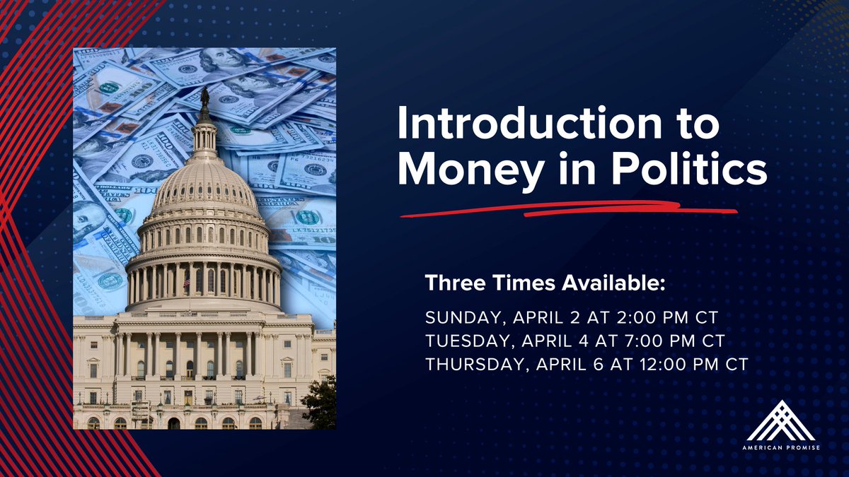 Want to learn more about how money corrupts our current politics? Join for a 15-minute presentation on the matter and find out how you can get involved in helping us correct this problem: americanpromise.net/event/introduc…