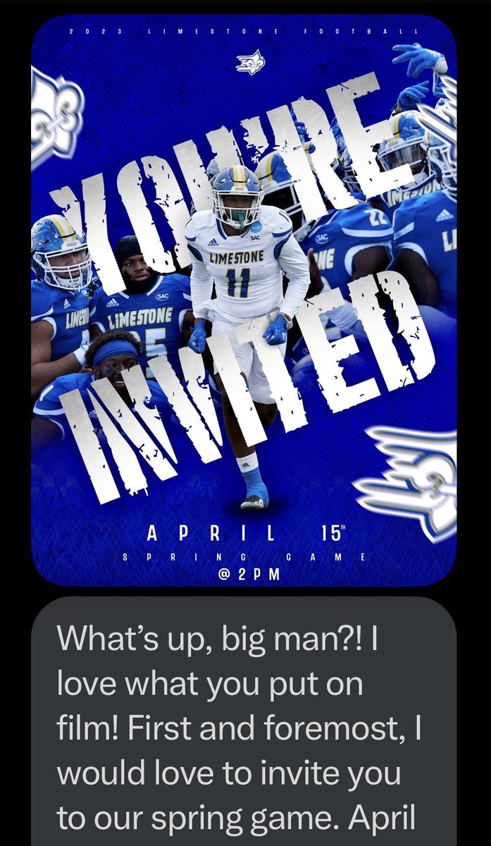 jamesonjensen51's tweet photo. Thanks @CoachBoomerOL @Nate_Garner_75 for watching my film and inviting me to @LimestoneFB spring game! @coachfurrey @CoachGreen_3 #limestonefootball @in_huddle @PrepRedzoneFL https://t.co/s6NiwQSzVg