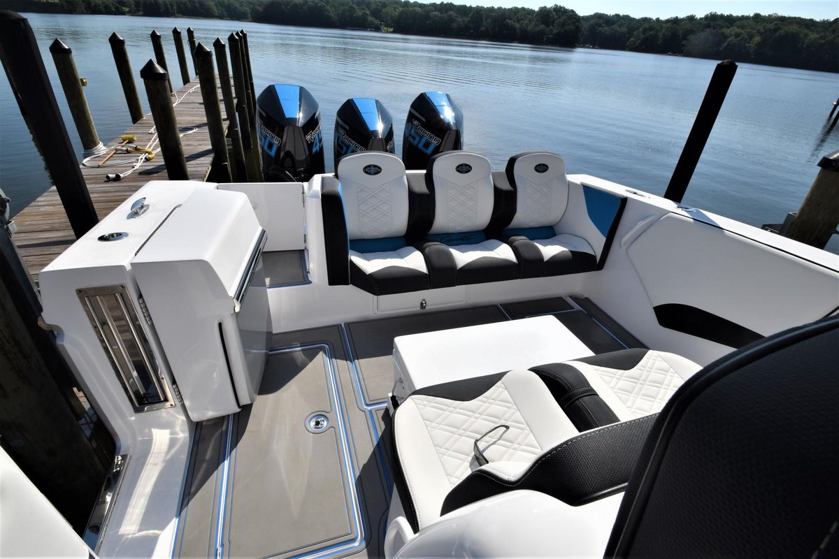 BluewaterYS's tweet photo. The Cigarette 39 GTS "Tripple J's" offers a sleek and functional design, with an open feel and excellent performance. Now on the market for $785,000, this boat comes with three 450hp Mercury engines, as well as extensive seating and unobstructed views. 
https://t.co/ozxiB4HEsm https://t.co/2HUBkfPn5F
