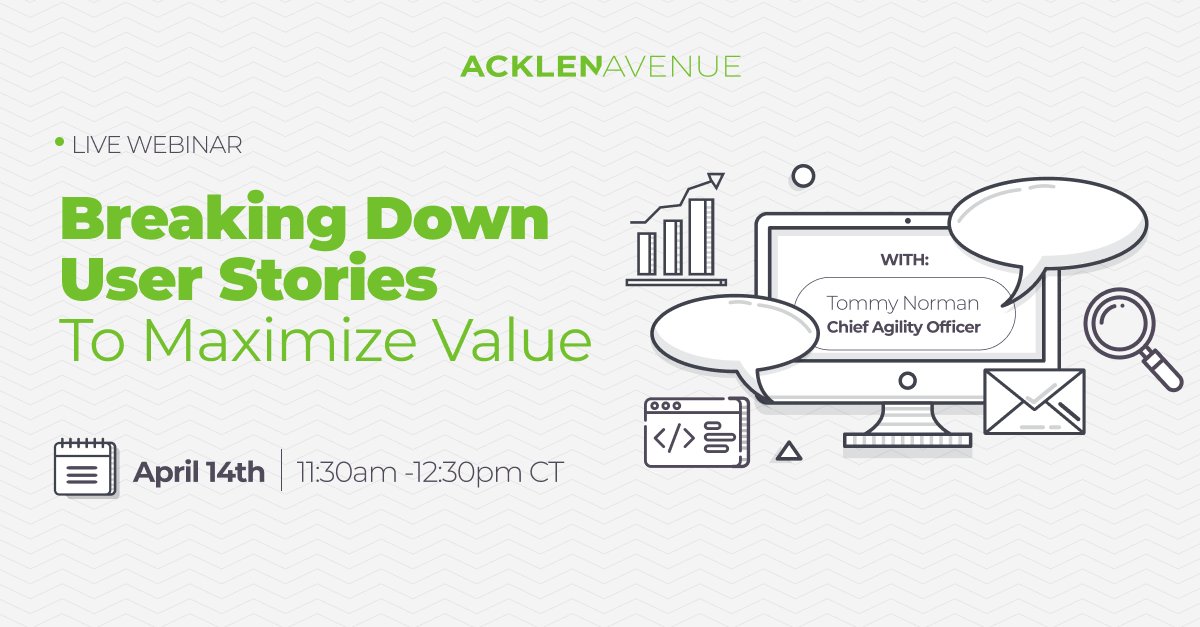 Struggling with breaking down your ideas into independent pieces of value?

On our next webinar Tommy Norman, our Chief Agility Officer, will explore a creative way to slice stories using a more detailed take on story mapping called Visual Story Slicing.

 hubs.ly/Q01BrMPy0
