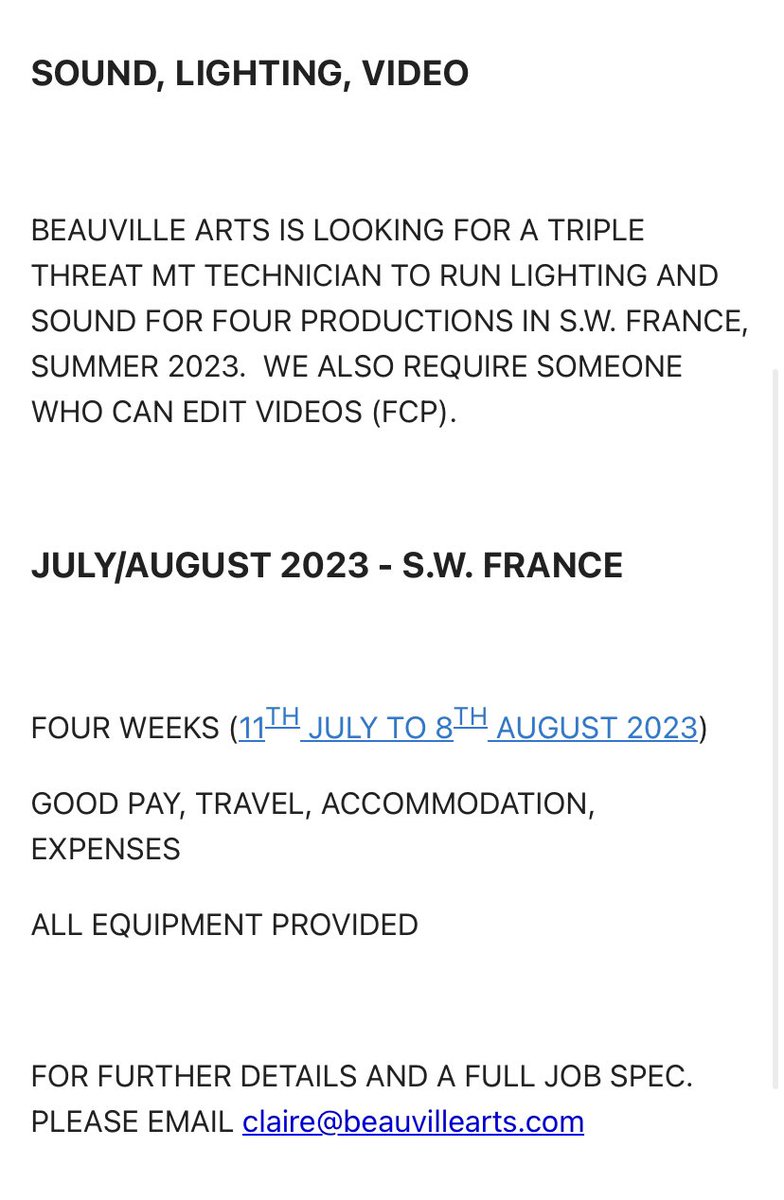 Looking for an MT Technician to run lighting, sound and video in summer 2023! Drop me a message or email direct if interested! PLEASE SHARE