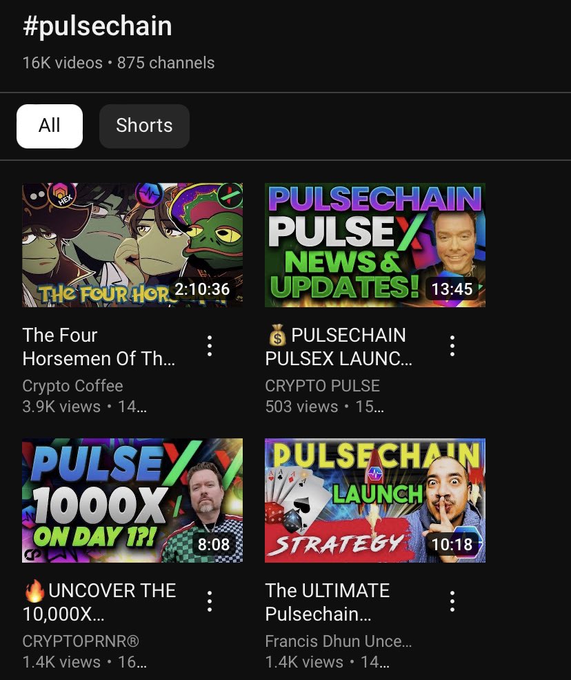 #PulseChain Milestone:

875 #PulseChain YouTube channels and 16,000 videos and we haven’t even launched yet!

Imagine when #PulseChain launches in the coming days 🤯

$HEX #PulseX