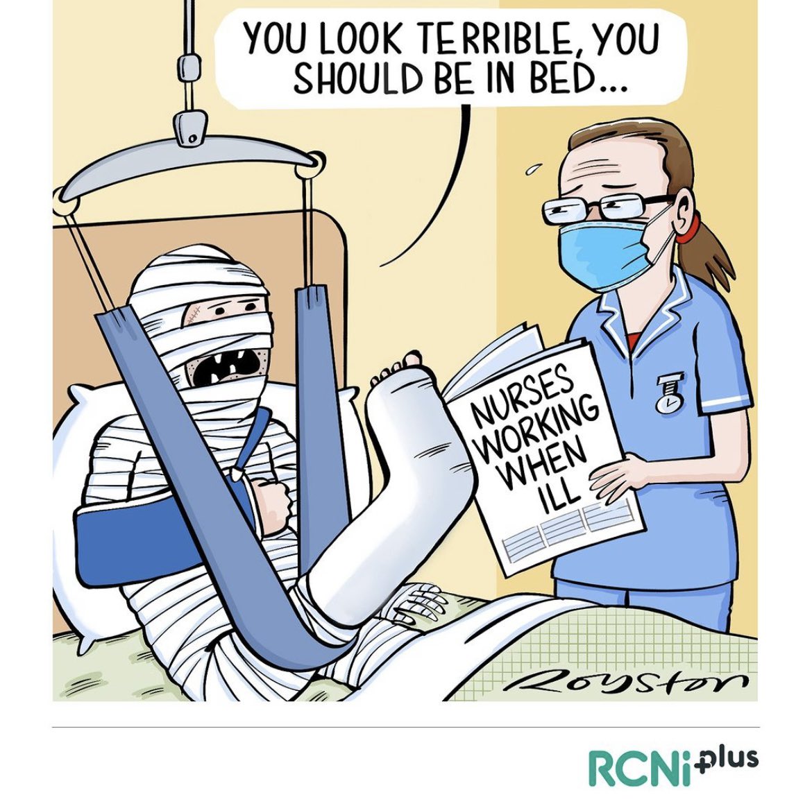 Why do nurses feel they must work, even when they're ill?

Advice for nurses too scared to call in sick for fear of triggering formal sickness policies, or letting down colleagues and patients &gt; rcni.com/nursing-standa…

With thanks to <a href="/roystoncartoons/">Royston</a>