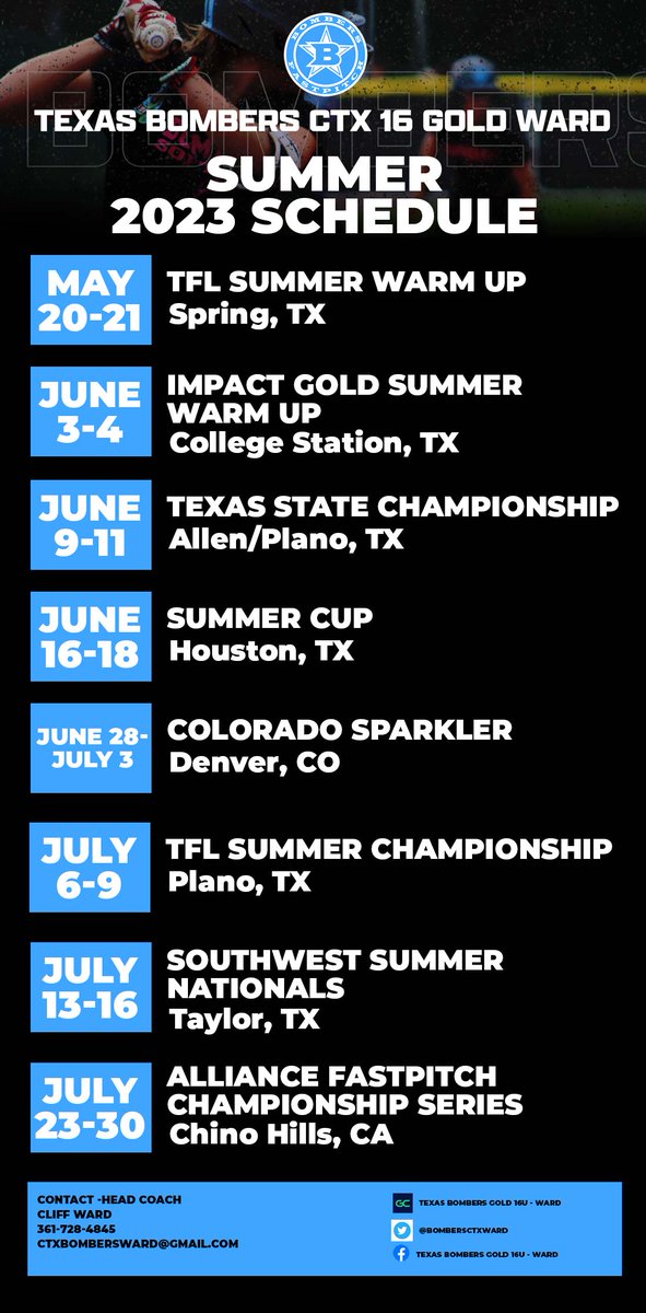 Summer Schedule! Come out and watch this talented group of athletes play this summer! #bombers #fastpitch #softball