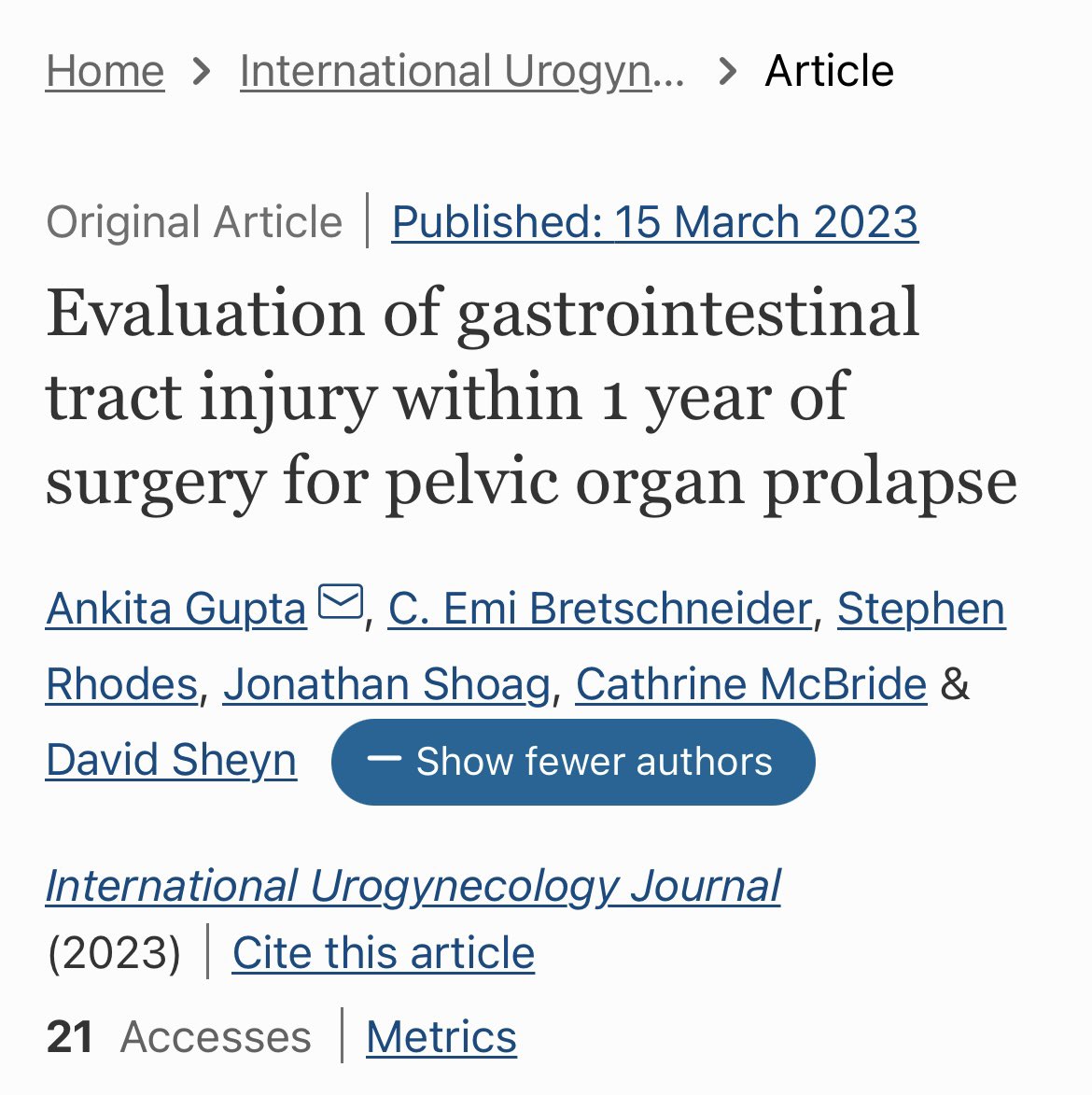 Our analysis shows that GI tract injuries within 1 year of pelvic organ prolapse surgery 

✅ Occur in &lt;1%
✅ Commonly diagnosed, treated in the same month 
✅High-volume surgeons and obliterative procedures may be protective 

Link: link.springer.com/article/10.100…

#obgyntwitter #fpmrs