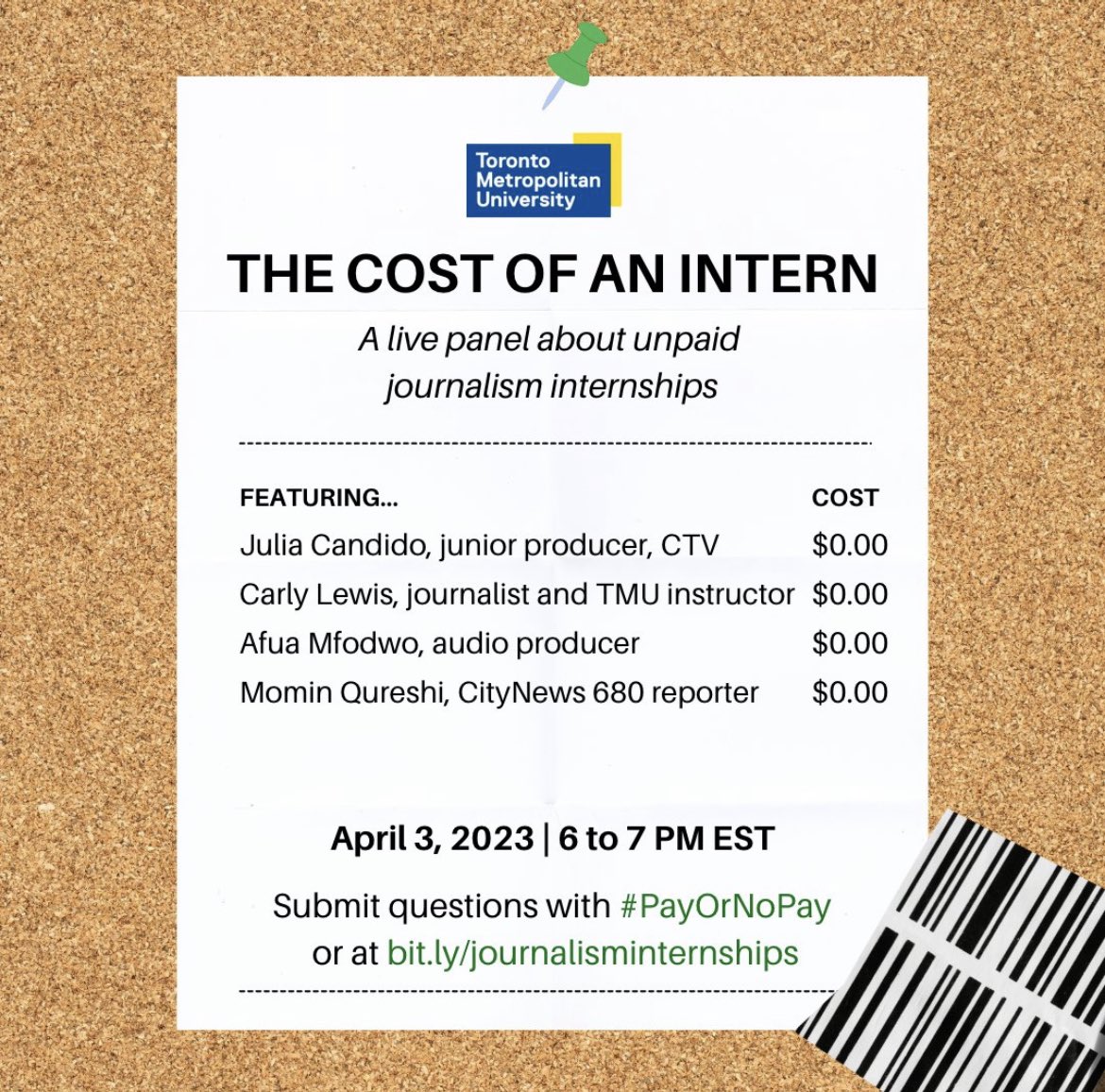 ABaumga's tweet photo. My class is hosting a panel on unpaid journalism internships - with four great guests 

Submit your questions with the hashtag #payornopay or at https://t.co/uyHq4BaANC https://t.co/vWQ9xqu5U9