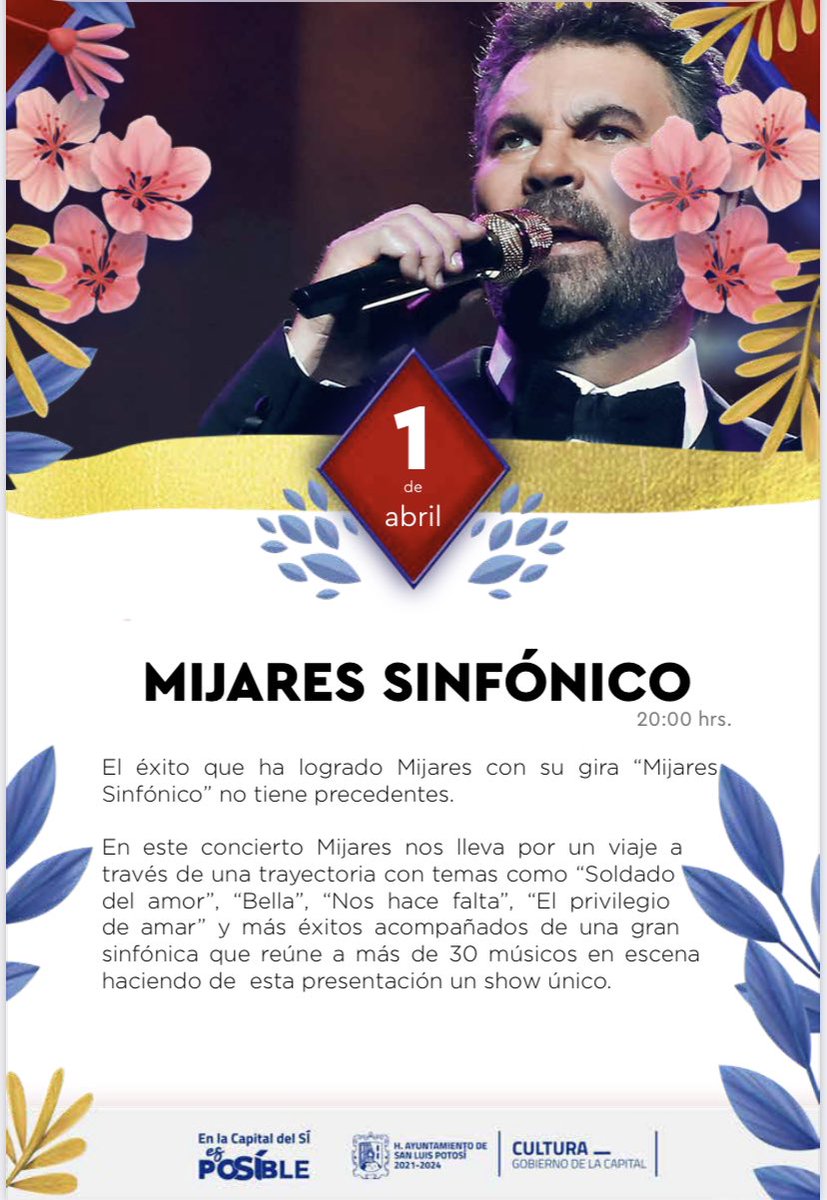 Así será este día en el Festival San Luis en Primavera… ¡No te pierdas los eventos!
Sedes: 
📍 Plaza de los Fundadores

#sanluispotosí  #slp #slplife #sanluispotosimex #sanluispotosimx