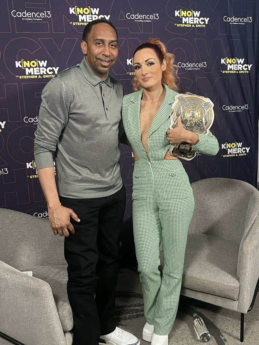 BeckyLynchWWE's tweet photo. Before you watch The Man kick some ass at #WrestleMania, watch/listen to @stephenasmith and I chop it up on @KnowMercyPod! 

https://t.co/KhX9mQbY3d https://t.co/6JGiW0CaG3