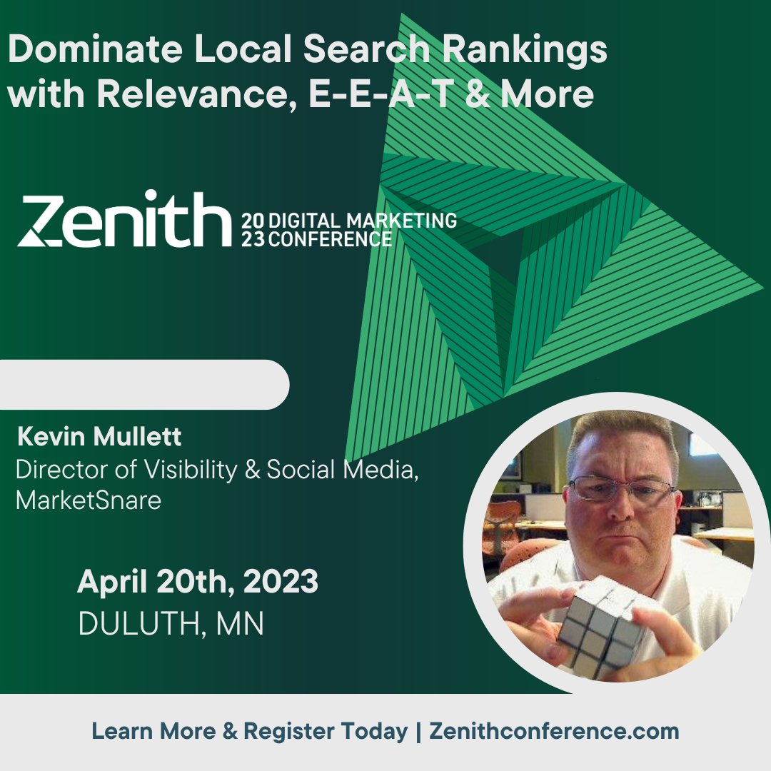 Want to DOMINATE Local Search? Of course you do! <a href="/MarketSnare/">MarketSnare</a>'s <a href="/kmullett/">Kevin Mullett</a> provides tips &amp; tricks to make it happen at the 10th Zenith #DigitalMarketing Conference. Join us to learn from top #marketing minds: zenithconference.com. <a href="/DuluthChamber/">Duluth Area Chamber</a>
#marketingandadvertising #PPC