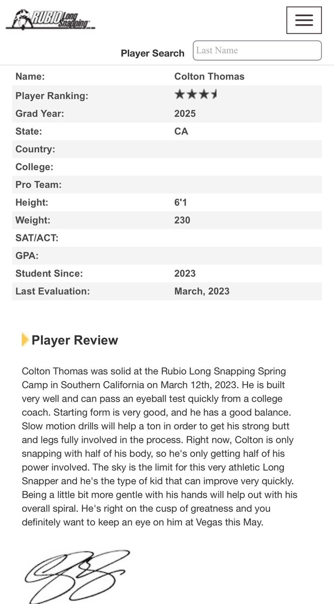 Thank you @TheChrisRubio. Lots of work to do💪🏽@Cbad_Football @LTCOM7 @CoachTThom @aarongutridge @Daygofootball @latsondheimer @KUSIPPR rubiolongsnapping.com/player-ranking…