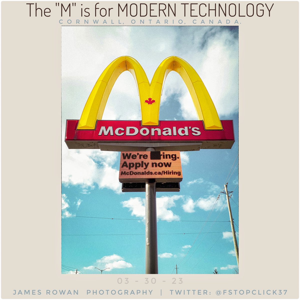 The 'M' is for 'MODERN TECHNOLOGY', Cornwall, Ontario, Canada. 03-30-23

📷: J.R. Rowan

#photography #streetphotography #vintagecolor #sign #signage #McDonalds #goldenarches #fastfood #restaurant #logo #faulty #malfunction #technology #branding #Canada 🇨🇦🍔