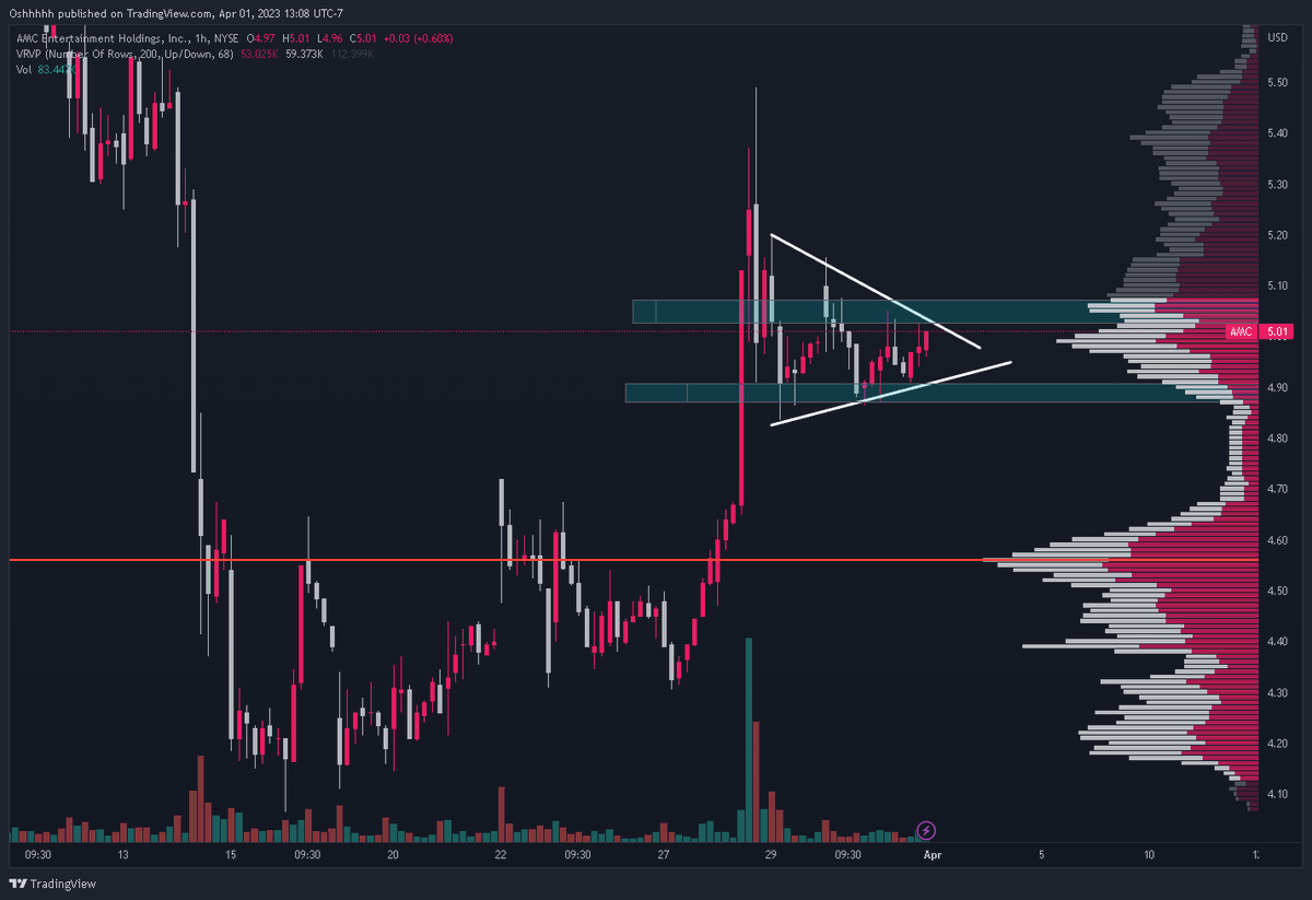 Spxshh's tweet photo. Check out the $AMC flag on the 1hr, both sides could pay. the downside has a volume gap so the move will be more smooth if the flag breaks downward but play what market gives you. https://t.co/jccl7XxQur
