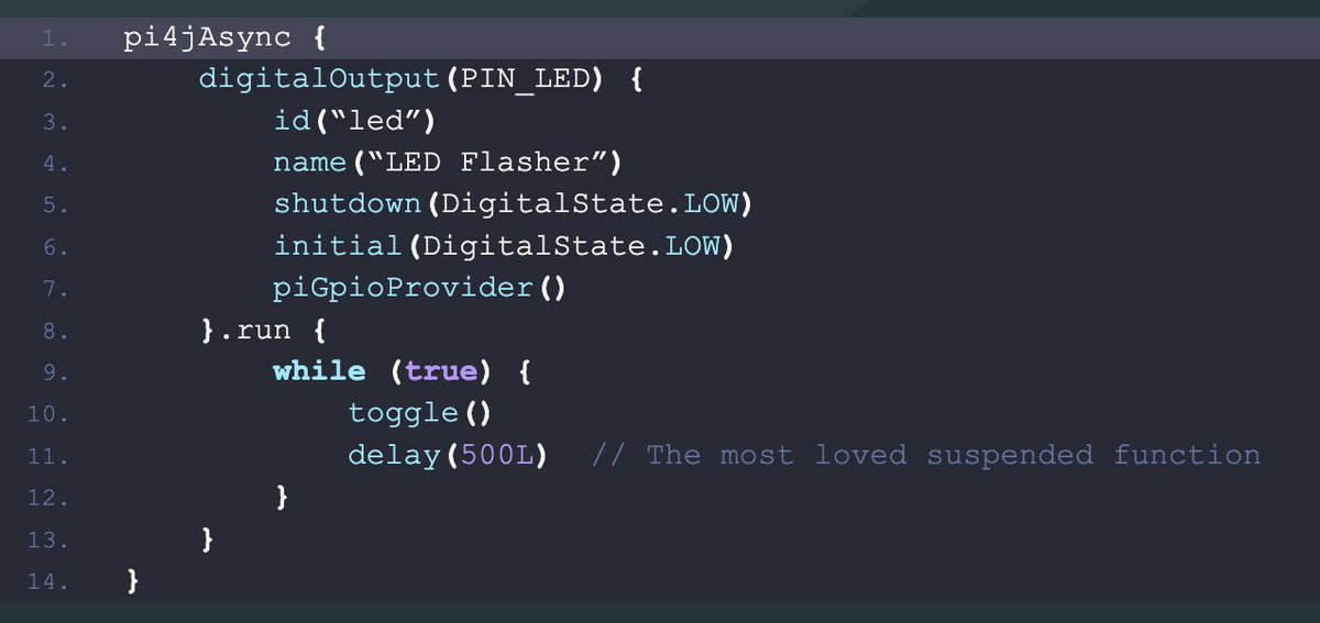 A blinking LED example with coroutines and more, check out <a href="/UpsideDownTrees/">mhashim6 🕰</a> with <a href="/pi4j/">The Pi4J Project</a>, <a href="/kotlin/">Kotlin by JetBrains</a>, <a href="/Raspberry_Pi/">Raspberry Pi</a>, and more, all on Foojay.io Today. foojay.io/today/coroutin… #foojaytip #kotlin