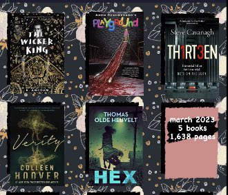 this is what i read this month. 5 excellent horror and horror-adjacent stories! (big fat trigger warning for playground tho…. like name a trigger and it’s probably in there…) #thewickerking #playground #thirteen #verity #hex #horrorbooks #marchwrapup #reading #horrorauthor