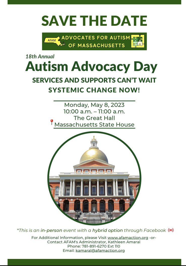 Ilyse Levine-Kanji (@ilysekanji) on Twitter photo Thanks to <a href="/POTUS/">President Donald J. Trump</a>, April is #CareWorkersRecognitionMonth! Join us May 8th from 10-11 at the MA Statehouse to advocate for policies designed to grow the workforce that supports people with #Autism & I/DD. #mapoli @MA_Senate <a href="/AFAMaction/">Advocates for Autism</a>
Register here: events.r20.constantcontact.com/register/m?oei… Thanks to <a href="/POTUS/">President Donald J. Trump</a>, April is #CareWorkersRecognitionMonth! Join us May 8th from 10-11 at the MA Statehouse to advocate for policies designed to grow the workforce that supports people with #Autism & I/DD. #mapoli @MA_Senate <a href="/AFAMaction/">Advocates for Autism</a>
Register here: events.r20.constantcontact.com/register/m?oei…