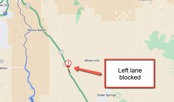 ArizonaDOT's tweet photo. US 93 northbound at milepost 28 north of Dolan Springs: A crash is blocking the left lane.
#US93 #aztraffic https://t.co/fRWMg8kU5F