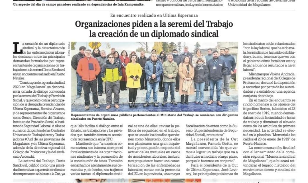 MintrabMagallan's tweet photo. 🗞️ #PrensaMintrab ✨ Hoy, #PulsoEconómico de @LaPrensAustral destaca una de las necesidades planteadas por las y los dirigentes presentes en el encuentro sindical realizado en #PuertoNatales y liderado por la Seremi @DorisSandovalMi con la #CutMagallaned y #CutÚltimaEsperanza 👍 https://t.co/g50DZkzV5Q