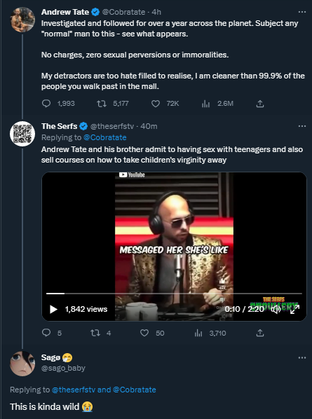 theserfstv's tweet photo. Keep using Andrew Tate's own words against him. Nothing de-programs people who have bought into his mythology faster than hearing him brag about fucking teenagers or how he enjoys raping and strangling women. 

Men aren't universally monsters like him https://t.co/om0ciEumRu