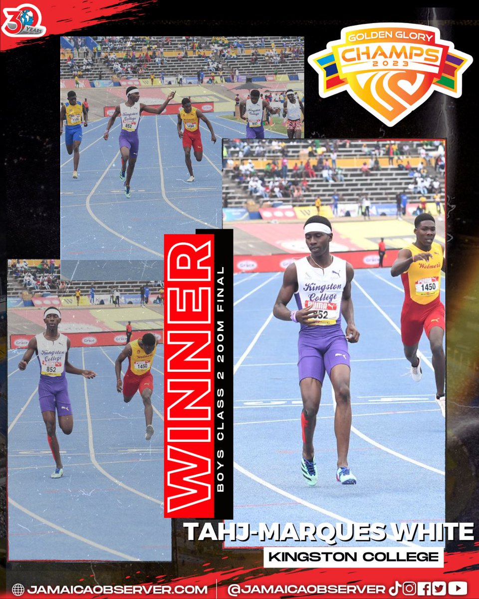 JamaicaObserver's tweet photo. Fortis Cadere Cedere Non Potest!!!
Tahj-Marques White sent #TeamFortis into a frenzy with his 21.44s win in the Class 2 Boys 200m final at the National Stadium today.
#RoadtoChamps
#JamaicaObserver
#AlwaysAhead
#OSports
#Champs2023 #BoysandGirlsChamps #ISSAChamps #GoldenGlory https://t.co/iRwaR2gMdL