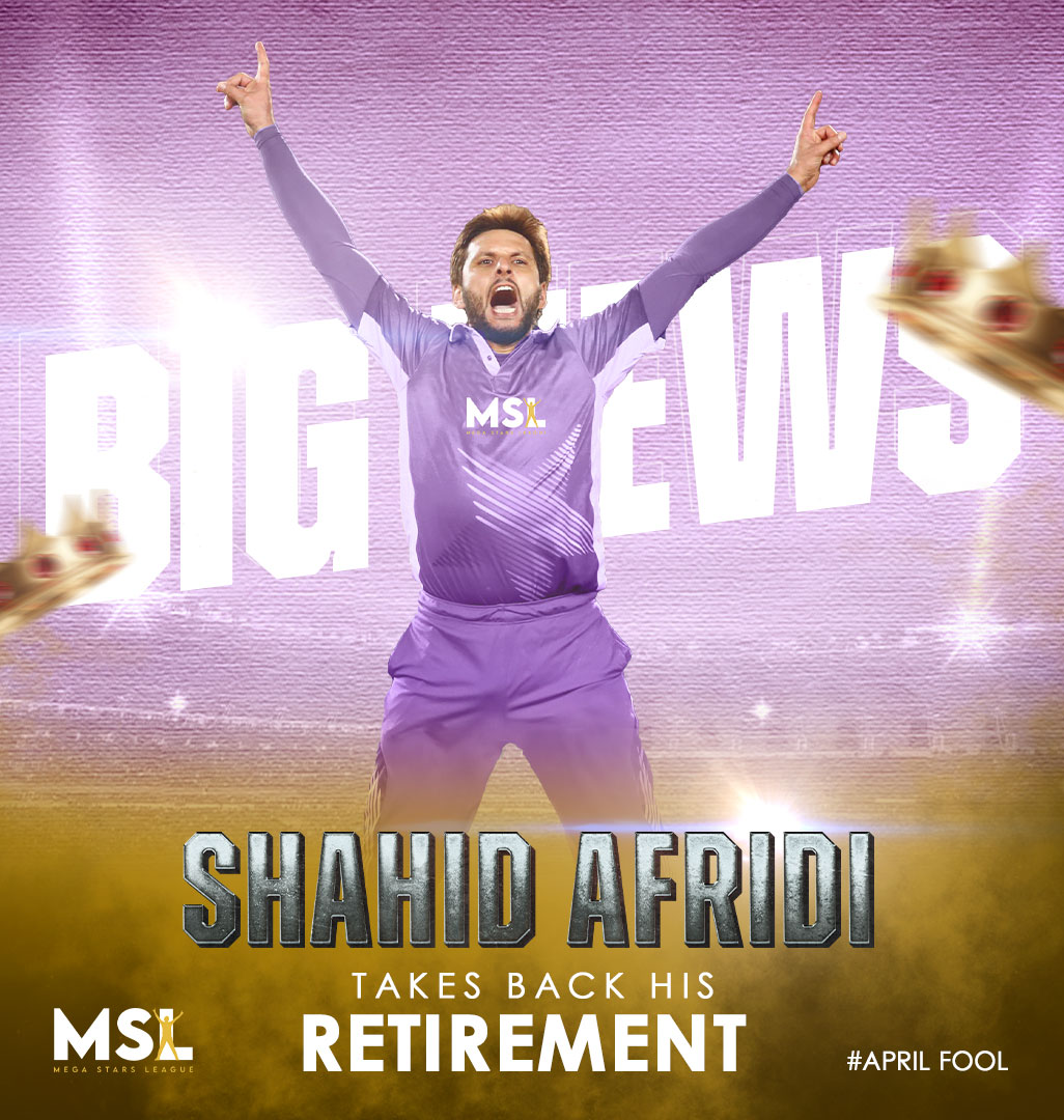 The Legend is Back - Shahid Afridi is taking back his retirement announcement!

#MSL #megastarsleague #guess #MSL2 #cricket #cricketlovers #cricketfans #boomboomafridi #Cricketainment #1April #staytuned #shahidafridi