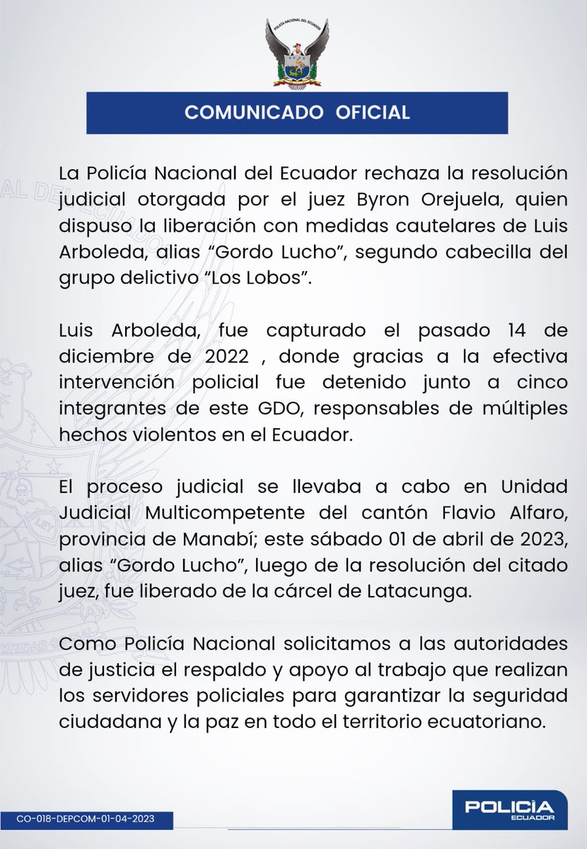 PoliciaEcuador's tweet photo. 𝗖𝗢𝗠𝗨𝗡𝗜𝗖𝗔𝗗𝗢 𝗢𝗙𝗜𝗖𝗜𝗔𝗟 || https://t.co/x5oWahpLSP