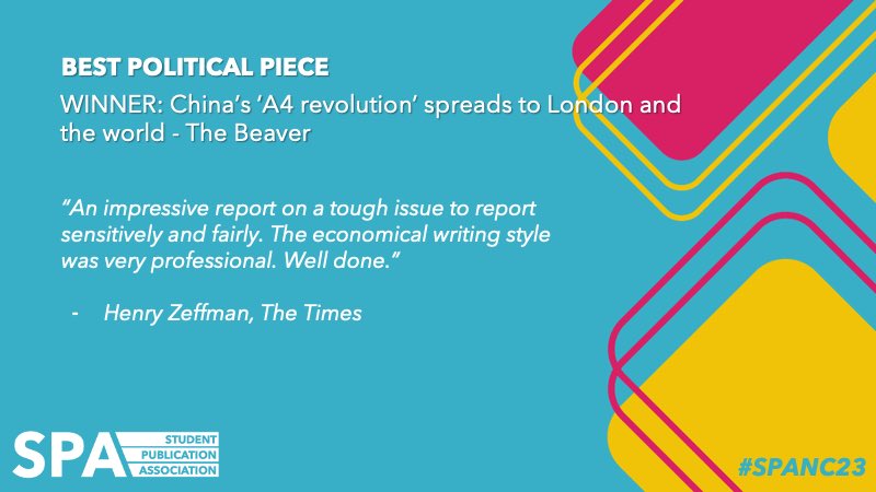 Student Publication Association (@spajournalism) on Twitter photo Now on to the winner, whose piece was reported "sensitively and fairly" with an "economical writing style". The winner is an anonymous piece on China's A4 revolution from <a href="/beaveronline/">The Beaver 🦫</a> #SPANC23 Now on to the winner, whose piece was reported "sensitively and fairly" with an "economical writing style". The winner is an anonymous piece on China's A4 revolution from <a href="/beaveronline/">The Beaver 🦫</a> #SPANC23