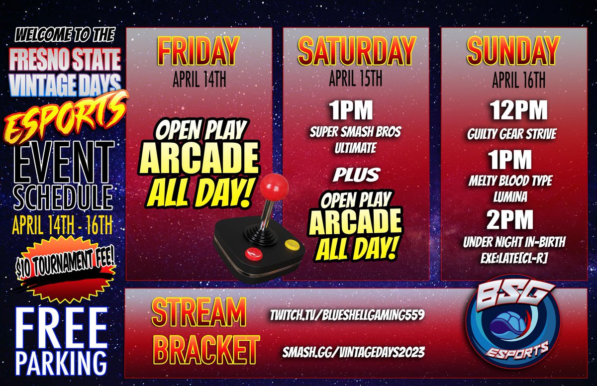 BlueShellESport's tweet image. Happy April 1st! We are officially back at Fresno State with Vintage Days 2023! Come out and check out all the vendors and play in our gaming area and enter our tournaments!

Register here!

start.gg/tournament/vin…