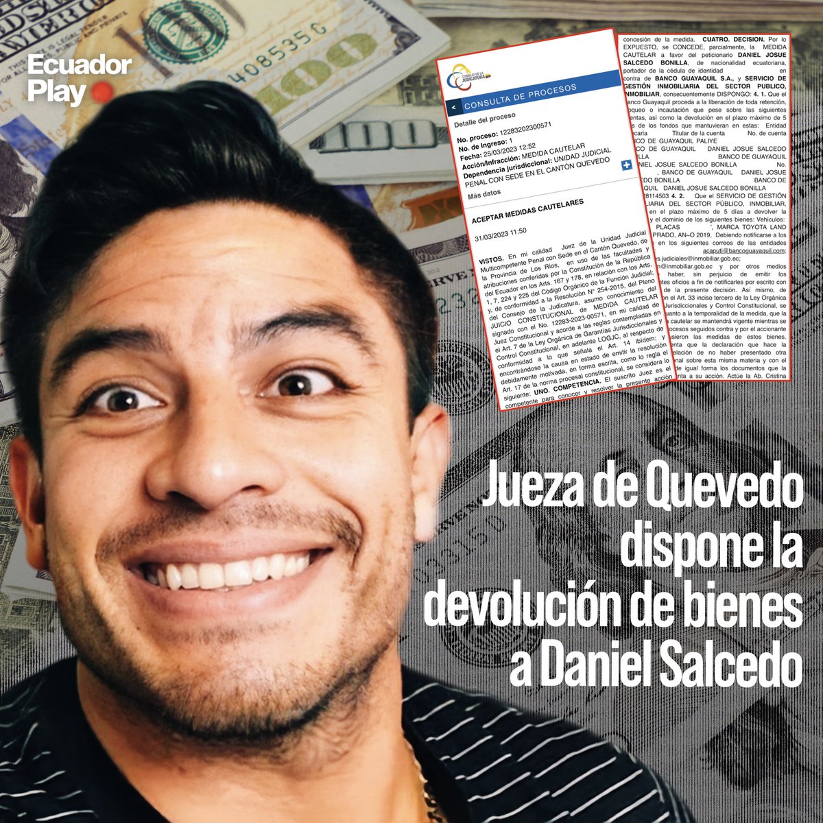 EcuadorPlay's tweet photo. Una jueza del cantón Quevedo, dispuso la devolución de bienes, así como de sus cuentas bancarias a Daniel Salcedo, sentenciado por el caso de insumos médicos. https://t.co/QiD01X1v9T