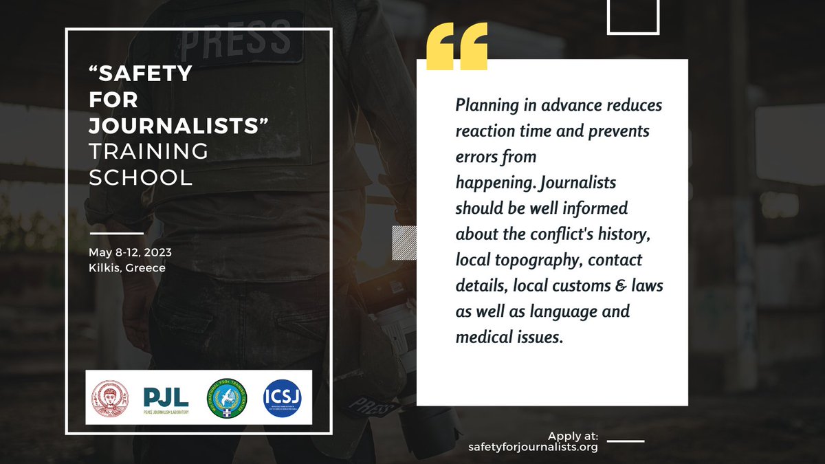 ipjlab's tweet photo. 📣 "Safety for Journalists - Training School"

Participate in the training and learn from experts in the fields of war and crisis reporting.
Apply now: https://t.co/a72fdwCbt3

▪️Deadline for applications: 20 April 2023

#sfj #safetyofjournalists #warzones #pjl #auth #mpsotc https://t.co/YD320VgqjN