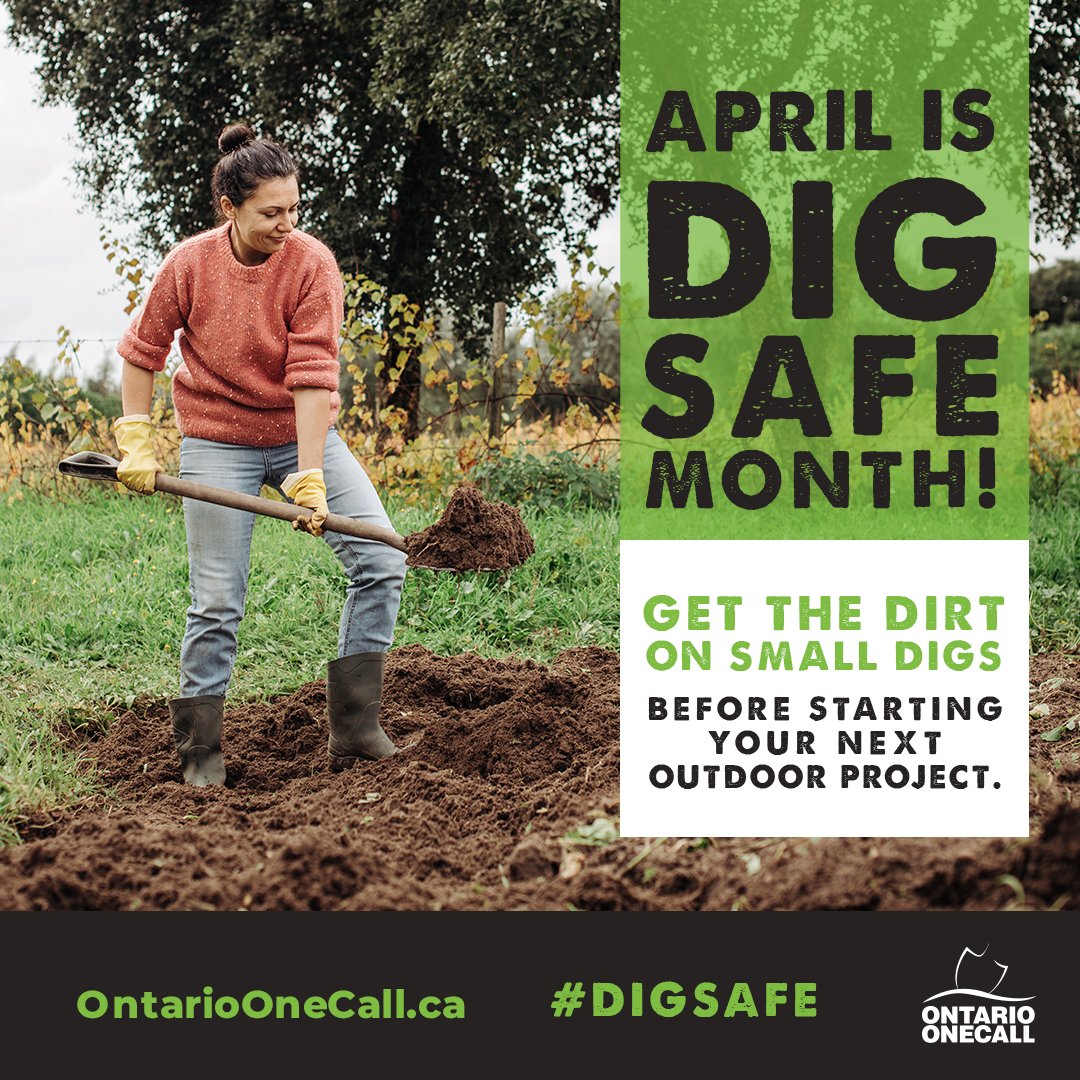 BellevilleON's tweet image. Public Works | April is Dig Safe Month! Make sure to always Get the Dirt on All Digs before starting your next outdoor project. Find out everything you need to make a locate request at OntarioOneCall.ca #DigSafeMonth