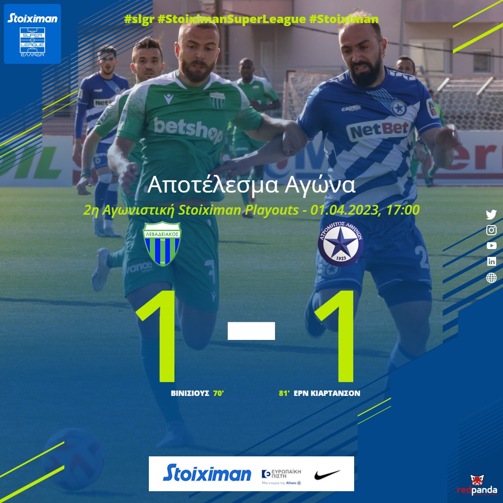 Super_League_GR's tweet photo. Ολοκληρώθηκε η αναμέτρηση Λεβαδειακός - Ατρόμητος Αθηνών 1-1.   

➡️https://t.co/qsEa2nBxAe #slgr 

#StoiximanSuperLeague #Football #Stoiximan #matchday2 #Playouts #levatr #Levadeiakos #Atromitosfc https://t.co/TYzLUam8AK