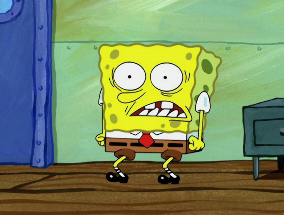 spongebob with a sad!!! expression slouching on a