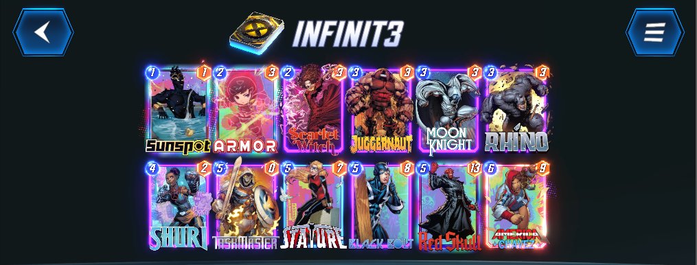 Third straight #MarvelSNAP Infinite. Needed Stature (again) from 95+. This time, combined the <a href="/MegaMogwai/">Mogwai</a> build with the Shuri/Red Skull shell. Shuri into Bolt is the primary path. For the Hot Location, added Scarlet, Rhino &amp; Jugg to steal lane on 6 <a href="/SnapDecks/">SnapDecks</a>  <a href="/MarvelSnapZone/">DotGG</a>