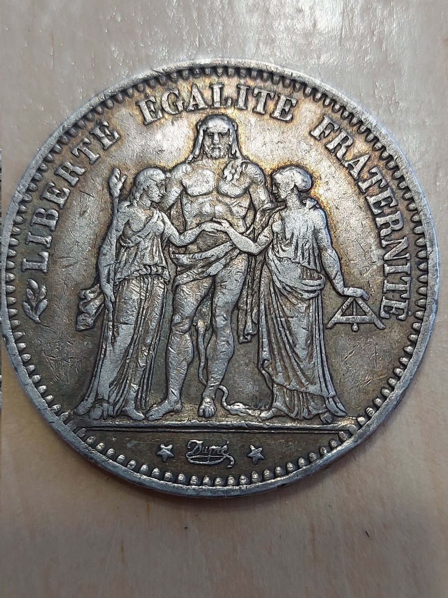 McCormark's tweet image. I love this 1874 5 francs. The reverse design came up a few times in the 1800s and again in the 1970s and in '94.  They liked Hercules, and I can't blame them, Disney did a good job on the 1997 film. Wild how the French knew about it in 1848