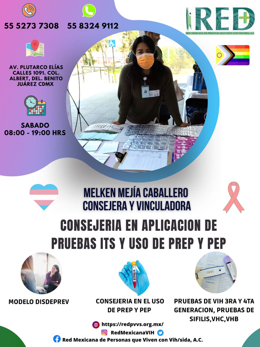 vih_red's tweet photo. Todos los sábados contamos con un equipo profesional que te atiende de 10 am a 19 hrs; en #PruebasITS se encuentra Melken Mejía, en #ConsultaMédica el Dr. Martín Henández y en #AtenciónPsicológica el Psic. Alberto Ruíz...
Llámanos y agenda tu cita al 55 5273 7308. https://t.co/Idrm50vJsb