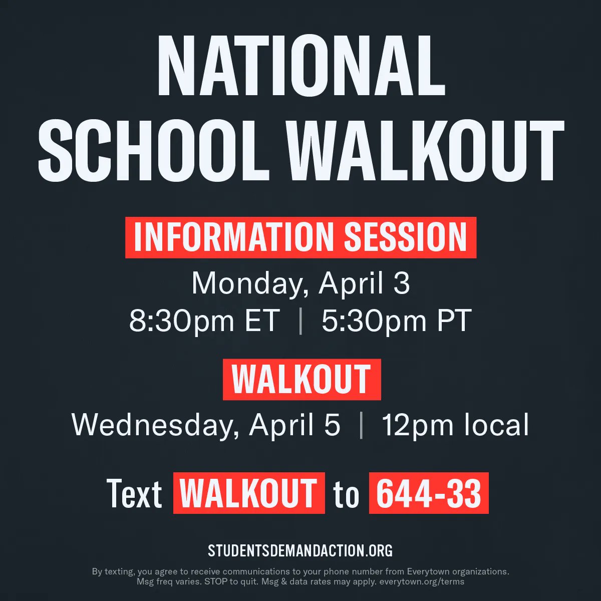 SCHOOL SHOOTINGS ARE NOT NORMAL. We don’t have to live and die like this.

We’re walking out on Wednesday, 4/5. Learn how to organize a walkout on your campus—join our Walkout Prep Call: etwn.us/40Vlwcd