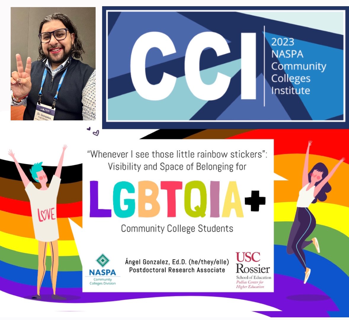 And we on! Excited to be at #NASPA23 and present my work at the @NASPA_CCD Institute! Looking to some great discussion. #joteria #lgbtqia #communitycollege @USCPullias